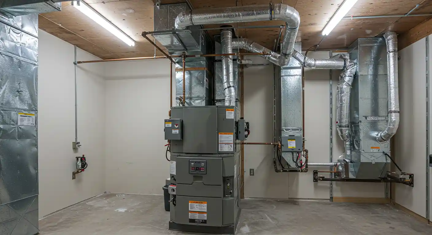 A large, modern, two-part gray furnace system is installed in a clean utility room. The unit is connected to an intricate network of exposed metallic ductwork and copper piping running across the ceiling and walls. The room has light-colored walls, a concrete floor, a wooden ceiling, and two long fluorescent lights.