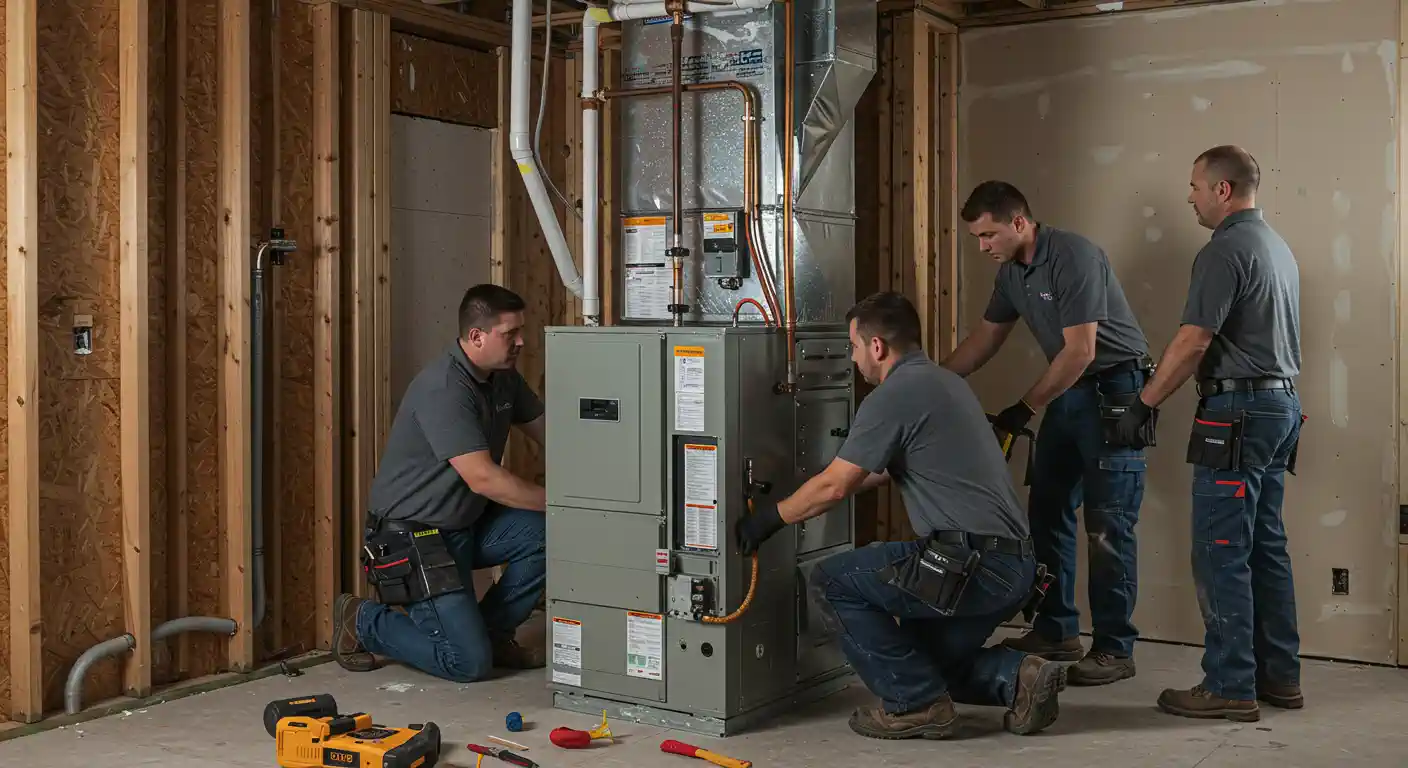 Four professional HVAC technicians are installing a gray furnace and galvanized sheet metal ductwork in a room under construction, with exposed wood framing. They are all wearing matching gray shirts and tool belts. Two technicians are kneeling to work on the lower and central sections of the furnace, while the other two stand, appearing to observe or assist.