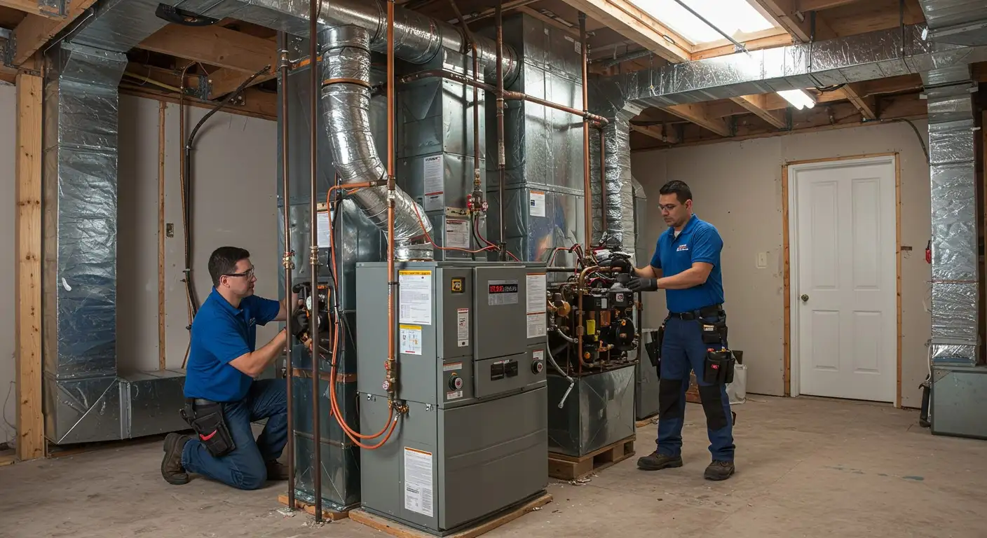 Two technicians installing large HVAC system.