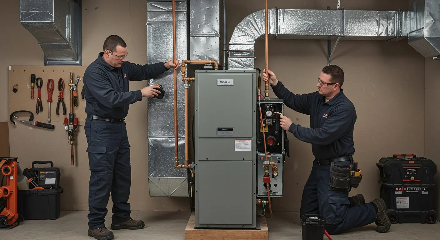 Two technicians installing or servicing furnace.