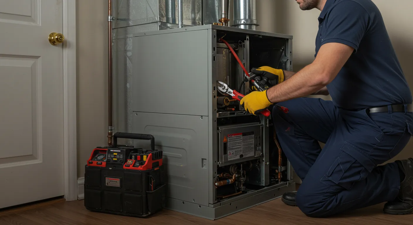 A technician in a blue shirt and yellow gloves kneels, using red pliers to work on a furnace in a home setting, with a large toolbox beside him.
