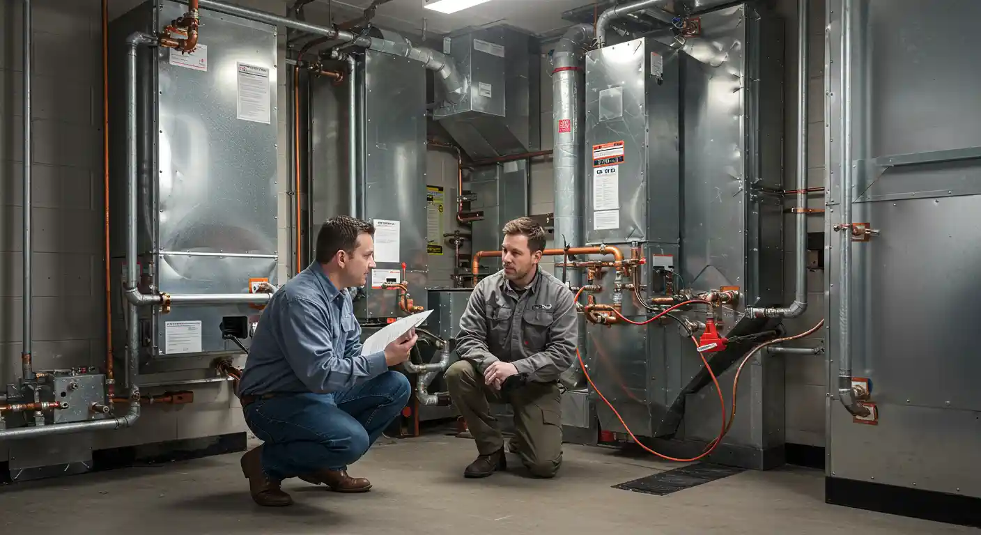 Two male technicians are crouching in a large industrial HVAC room surrounded by huge metallic air handling units and extensive ductwork connected by copper piping. One man in a blue shirt is holding and reviewing a document or checklist, while the other in a gray uniform listens intently. The equipment has various warning labels.