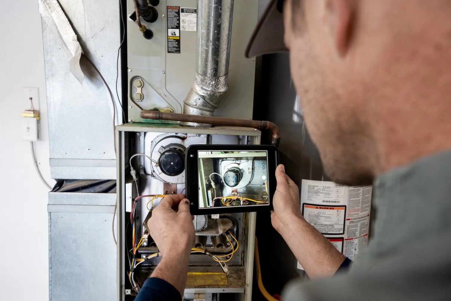 A male HVAC technician holds a tablet displaying a close-up image of the furnace blower motor and internal components. He is standing in front of an opened residential furnace unit connected to silver ductwork, likely using the tablet to document or check the condition of the system during a repair or inspection.
