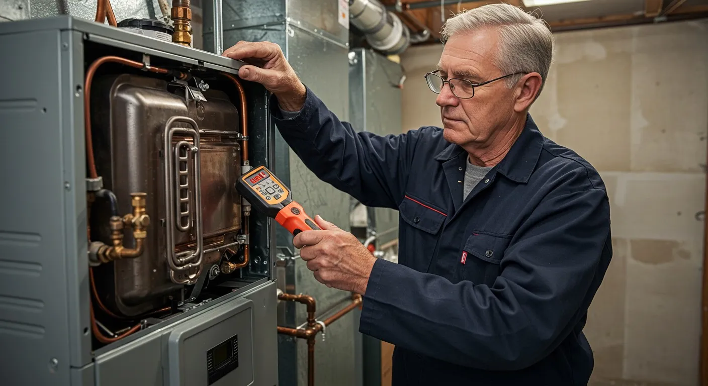 Senior technician checking heat exchanger with meter.