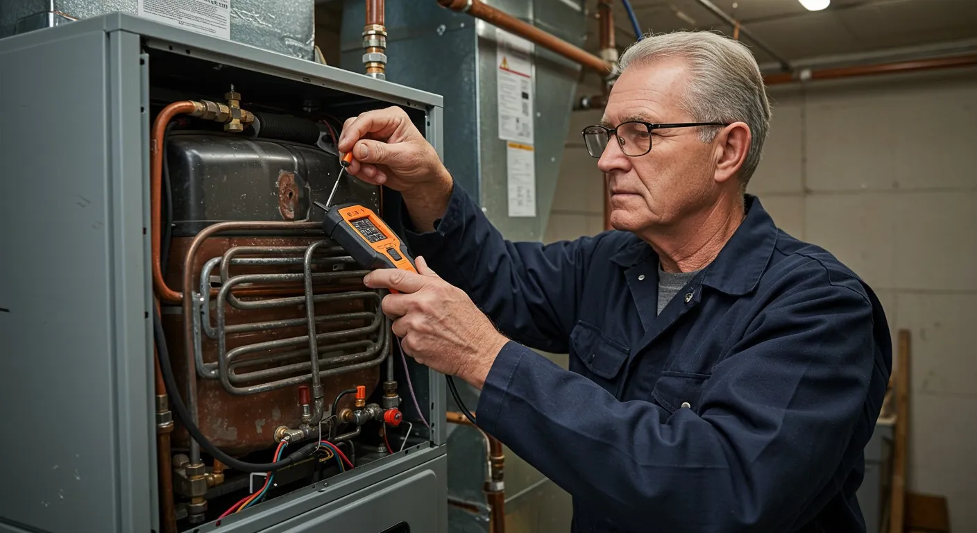 Technician diagnoses furnace heat exchanger.