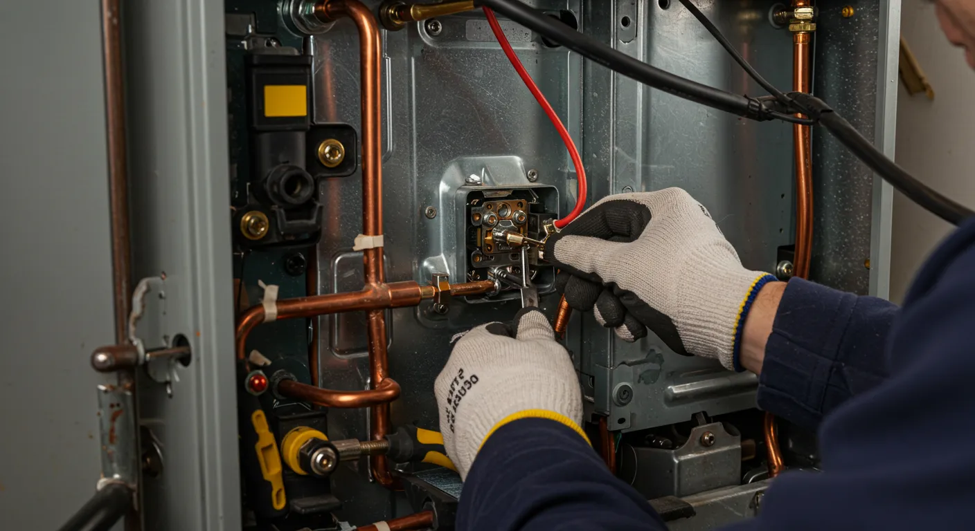 A close-up of a technician's gloved hands using pliers and a screwdriver to work on a fuse within a furnace's wiring.