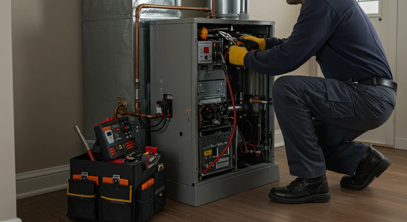 A technician in blue overalls and yellow gloves kneels, using pliers and a tool to work on the wiring inside an open furnace, with a toolbox nearby.