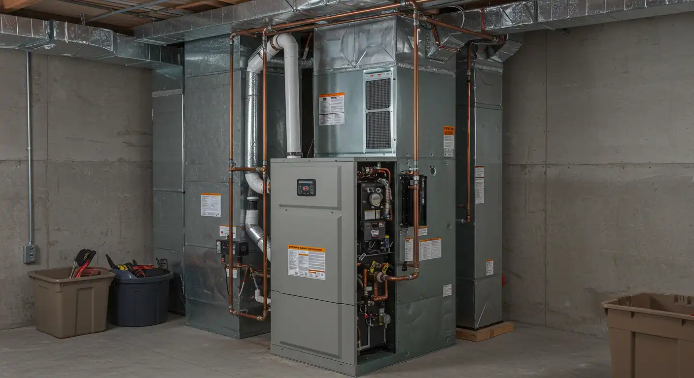 A large, modern, multi-component gray furnace and air handler system is installed in a basement with concrete walls and floor. The unit is surrounded by extensive metallic ductwork and copper piping. A white PVC vent pipe runs across the front. Two plastic storage bins sit on the floor nearby.