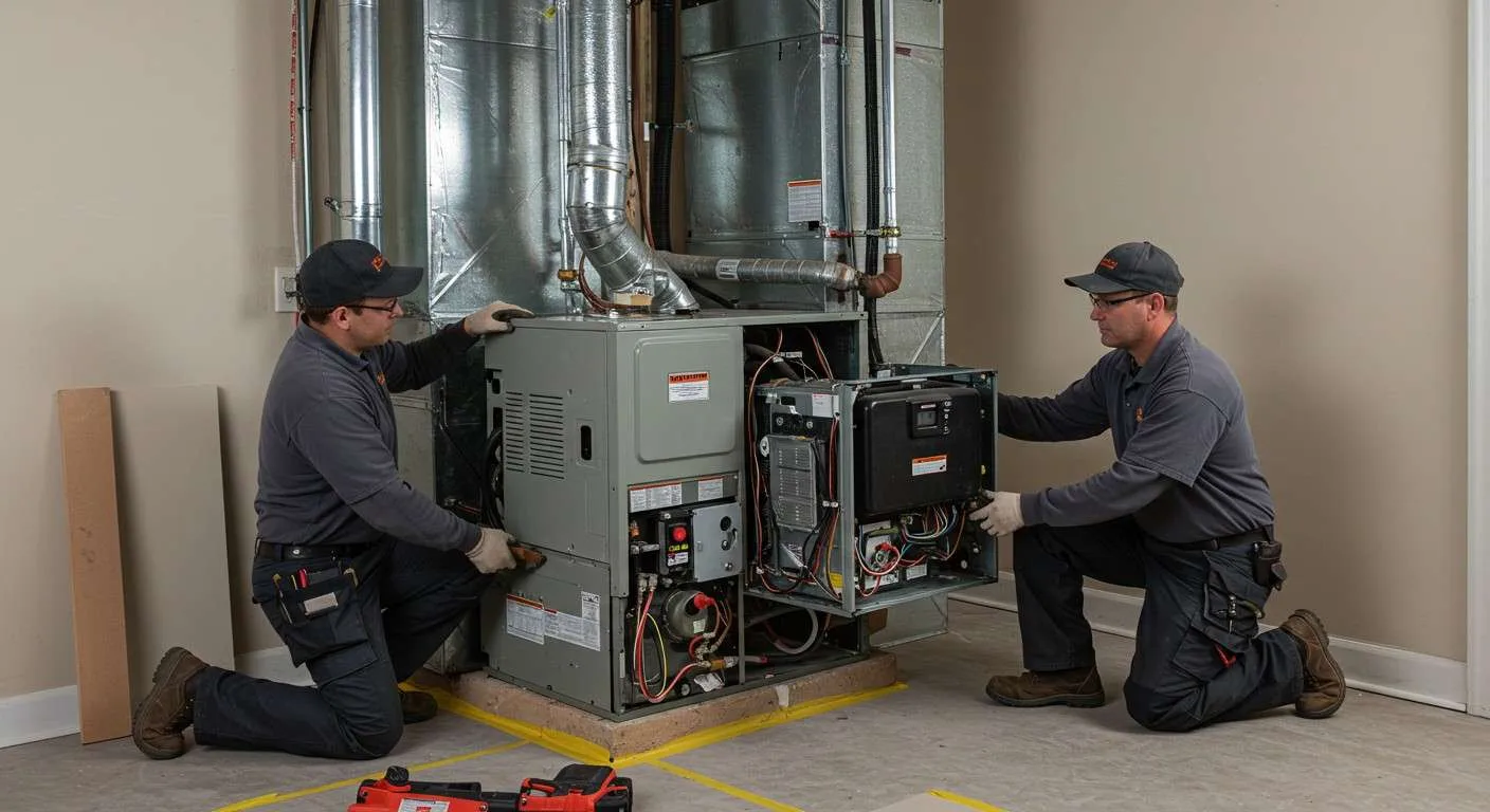 Two male HVAC technicians, wearing matching gray work uniforms and baseball caps, kneel while installing or servicing a large gray furnace unit. The man on the right holds an open panel exposing the control board and wiring, while the man on the left attends to a lower access point. The unit is connected to metallic ductwork and sits on a wooden platform outlined with yellow tape.
