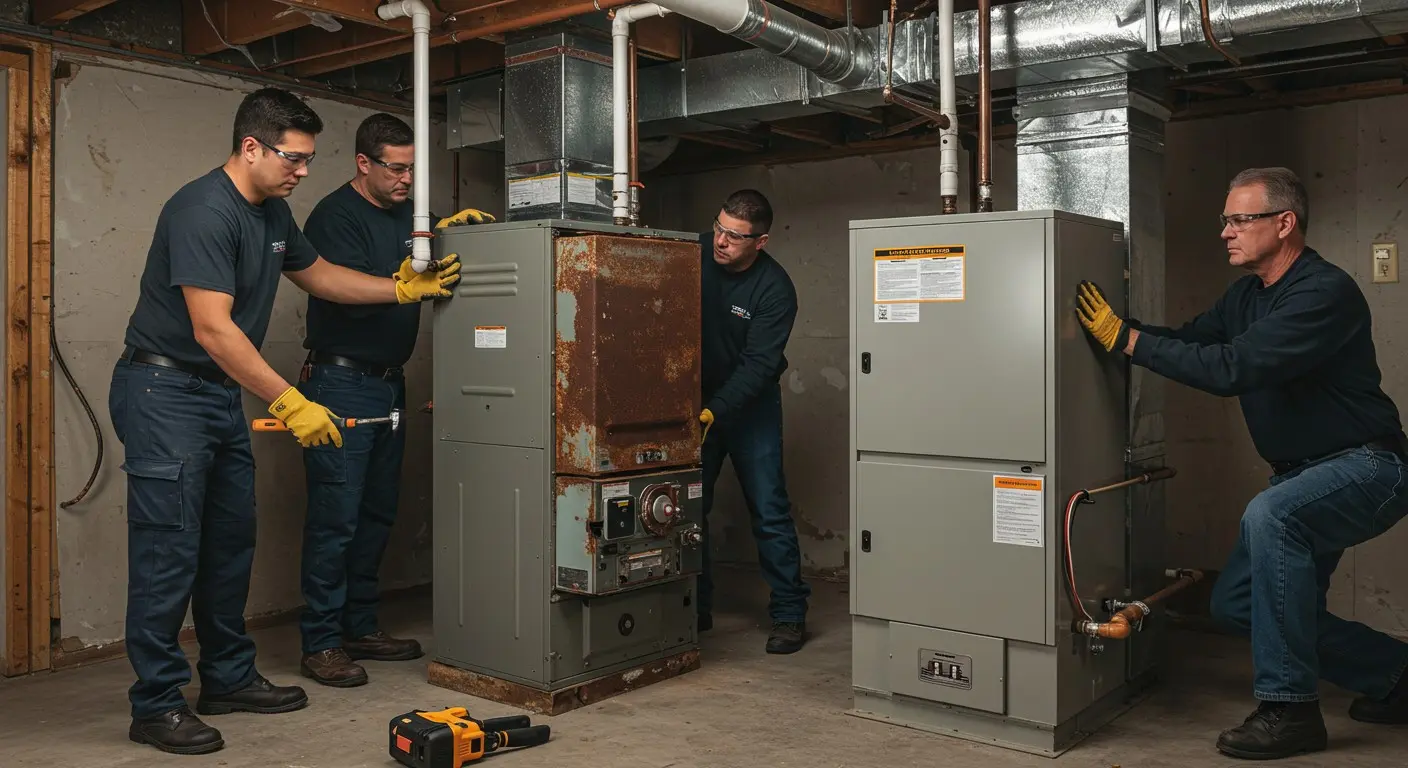 Team replacing old rusty furnace with new.