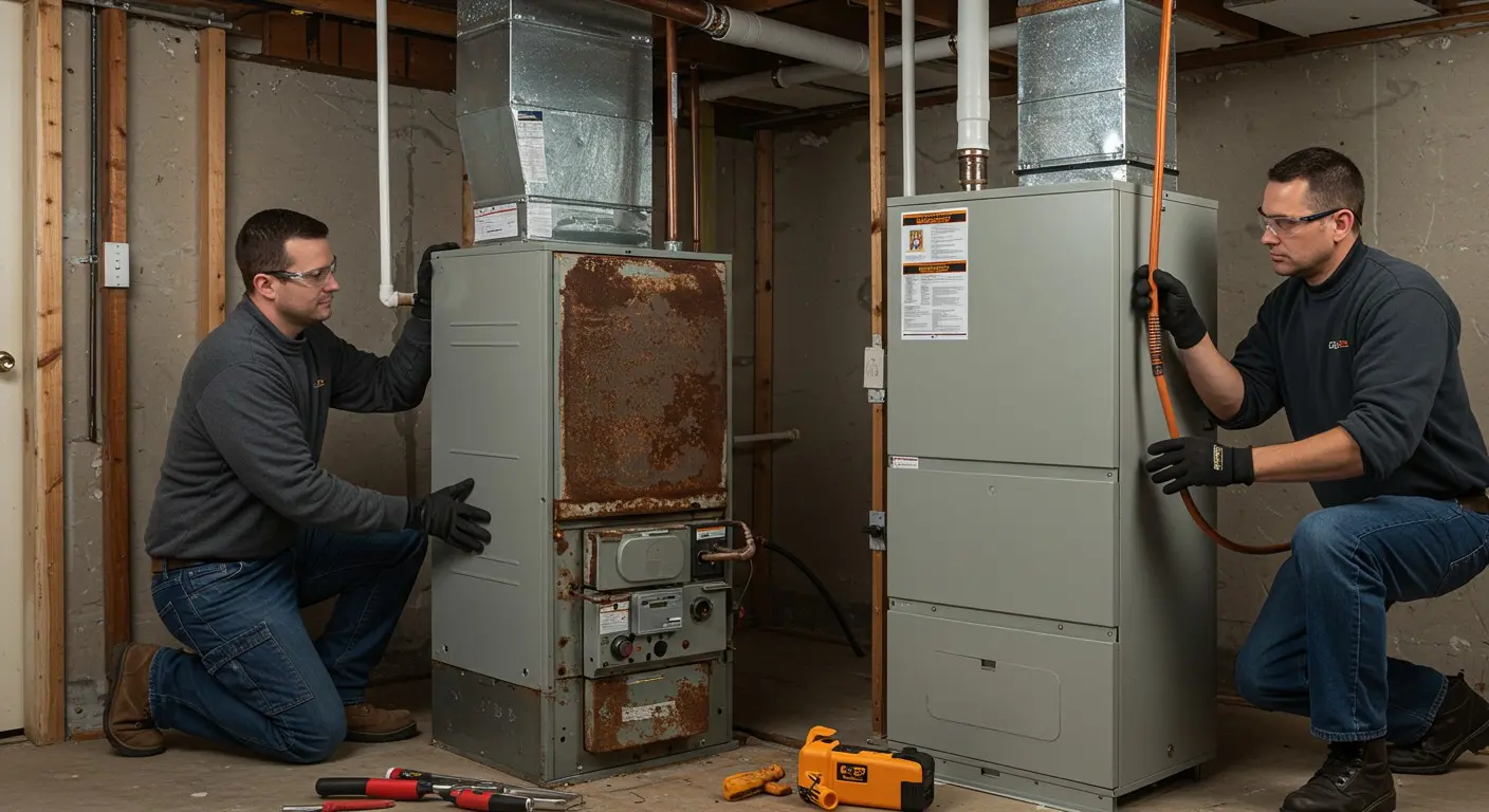Two technicians comparing old and new furnace.