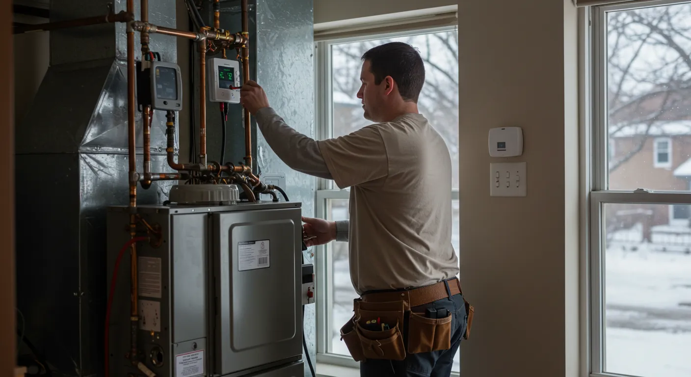 A technician in a tan t-shirt and tool belt adjusts the controls on a furnace while standing in front of a window.