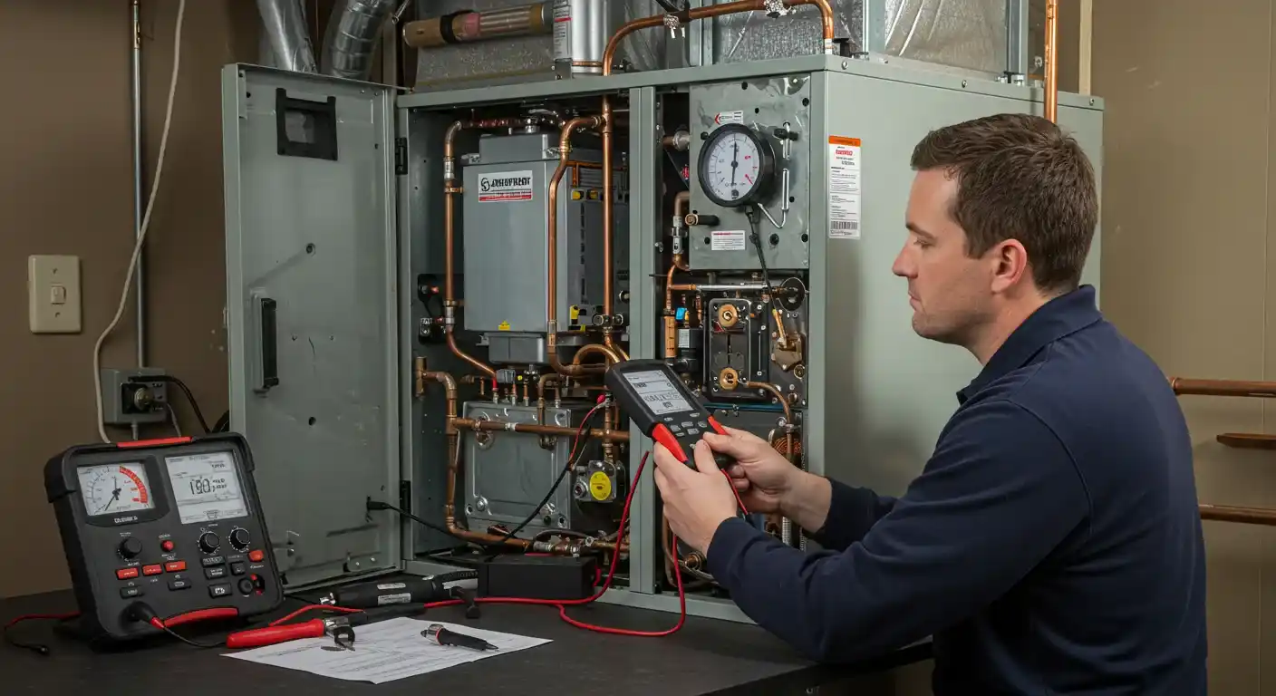 A technician uses a multi-meter to test a furnace, with a second, larger diagnostic device sitting on a workbench.