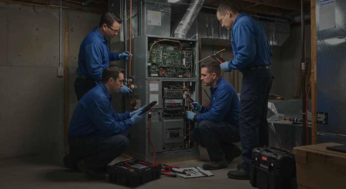 A dark, interior shot shows four male HVAC technicians in matching blue shirts and dark pants working together on a large, grey residential furnace/air handler located in a utility room or basement.