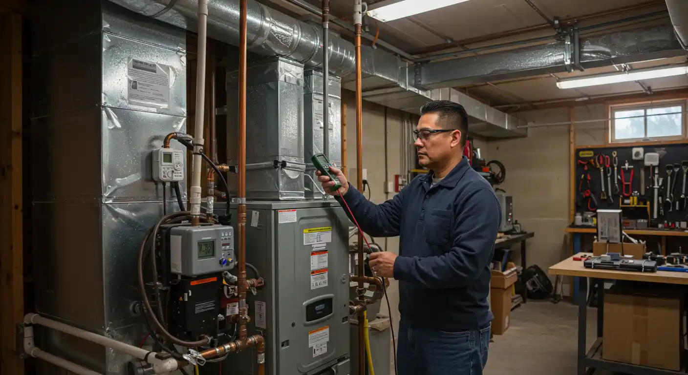 A medium-wide shot shows a male HVAC technician wearing a dark blue shirt and glasses, standing next to a large grey furnace/air handler in a utility or basement room. He is using a handheld digital meter or diagnostic tool to check the system's readings. The unit is connected to extensive metal ductwork, copper pipes, and various control boxes. The setting includes bare wooden studs, exposed pipes, and a workbench with tools hanging on a pegboard in the background, reinforcing the theme of a professional heating tune-up and diagnostics in a residential basement.
