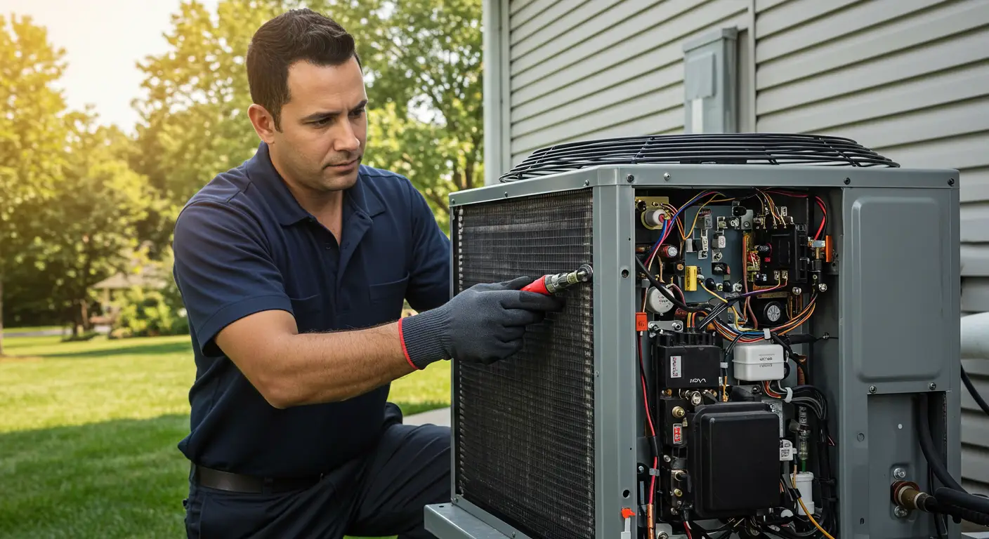 A mid-shot image shows a male HVAC technician wearing a dark blue polo shirt and grey work gloves kneeling outdoors while performing maintenance on an air conditioning condenser unit. The unit's control panel and side are open, revealing a complex circuit board, wiring, and fan. The technician is using a tool with a red handle to clean or adjust the cooling fins/coils. The background is a bright, sunny residential setting with green lawn, trees, and the grey siding of a house. The image captures a moment of professional AC tune-up or repair.