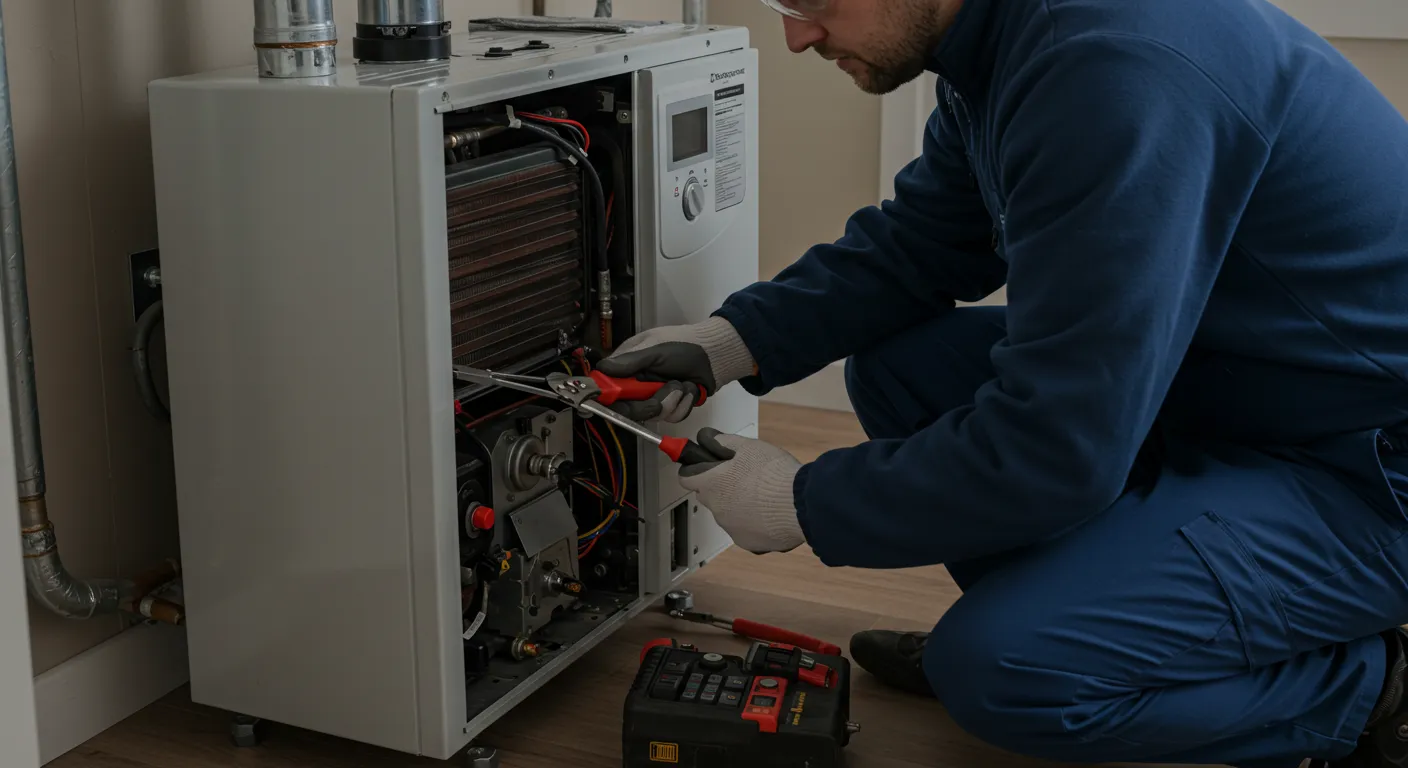 A man in a blue jumpsuit and protective glasses is kneeling, using pliers to work on the interior components of a residential heating system or furnace.