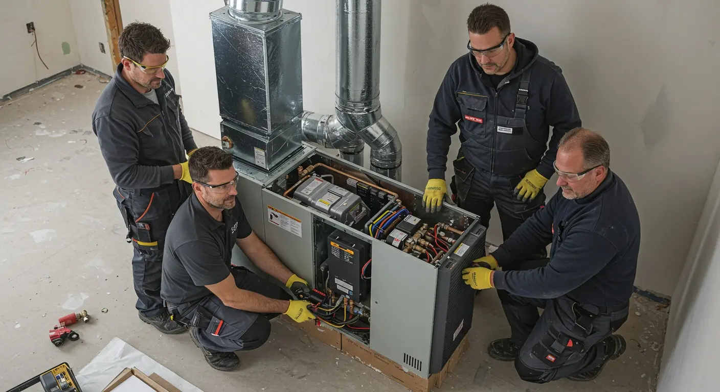 Four technicians installing heating unit.