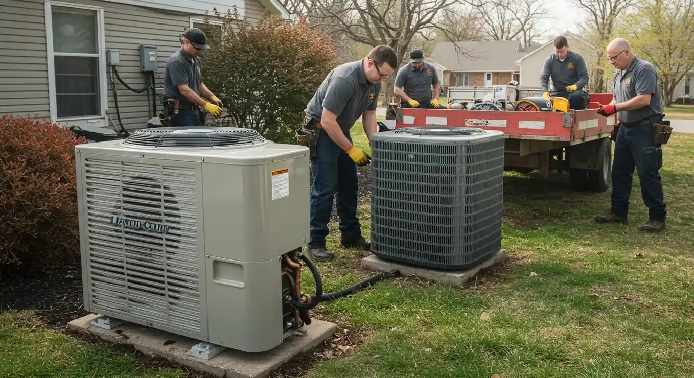 HVAC crew installing two outdoor units.