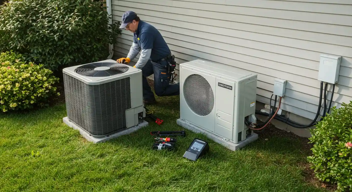 Technician servicing two outdoor HVAC units.