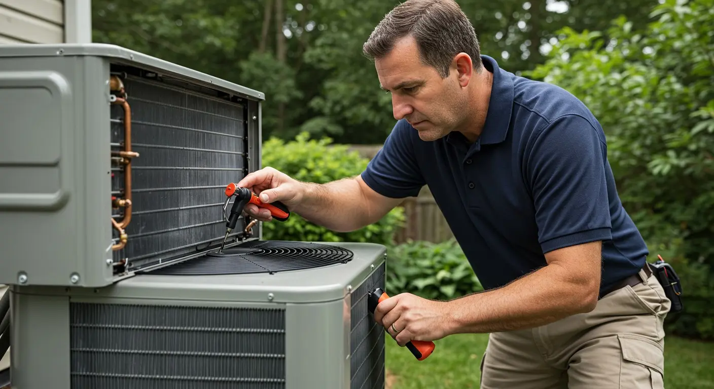 A close-up shot of a technician in a polo shirt and khakis, working on the internal components and fan of a large, outdoor heat pump unit.