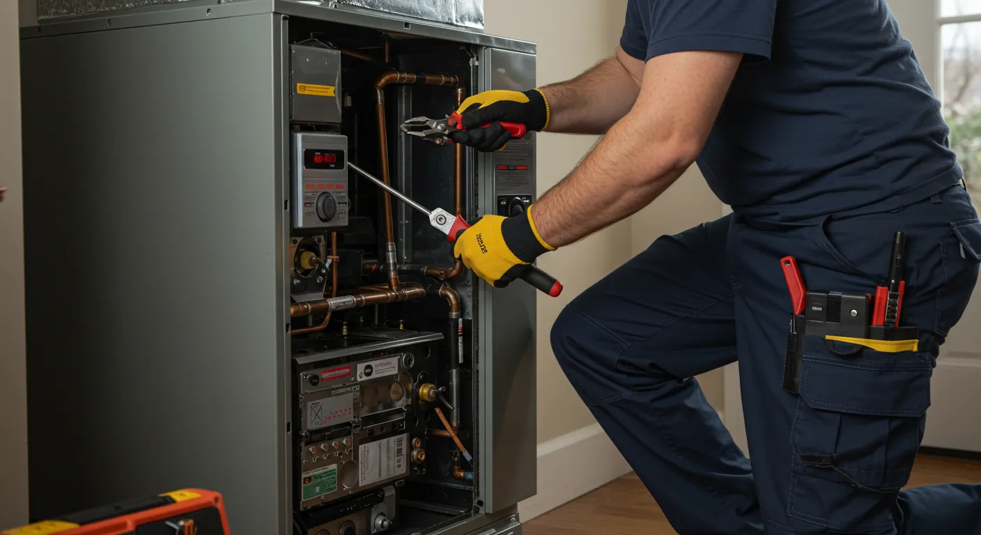 A close-up shot of a technician in blue pants and yellow gloves kneeling, using a screwdriver and pliers to work on the components of a furnace.