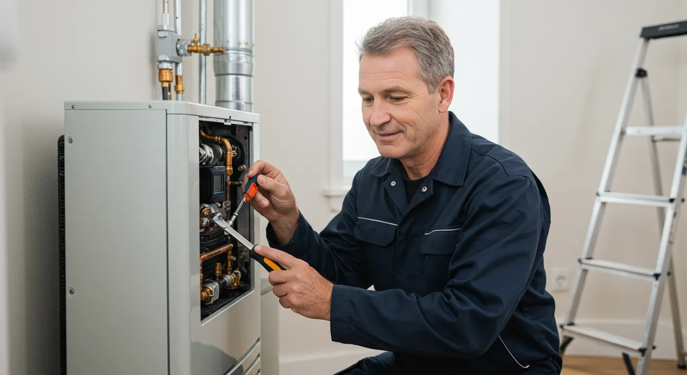  A smiling, mature male technician in a navy blue work jumpsuit is performing maintenance on a modern, gray furnace or boiler unit. He is kneeling and using a screwdriver and wrench to adjust the copper piping and components inside the opened access panel. A silver stepladder is visible by a window in the background.