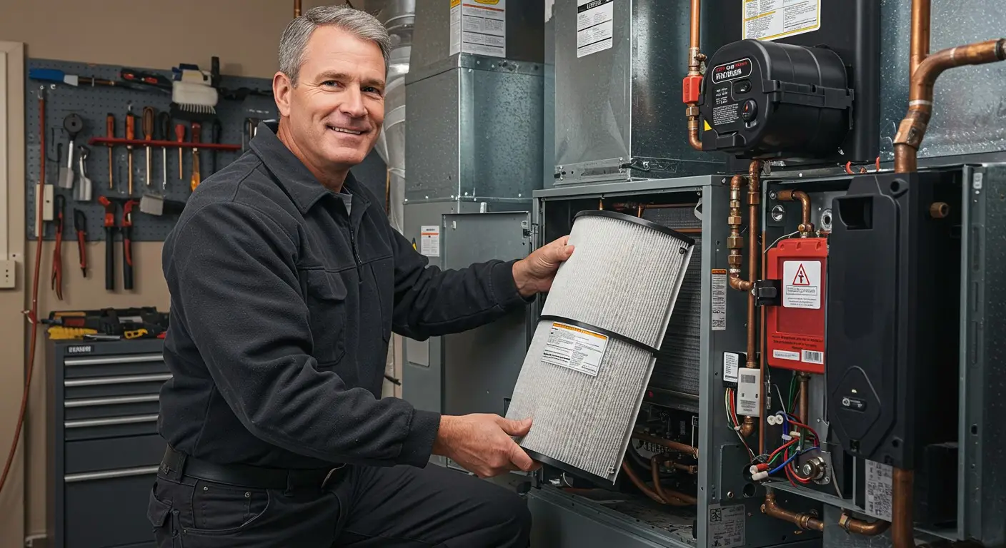 Technician replacing heating air filter.