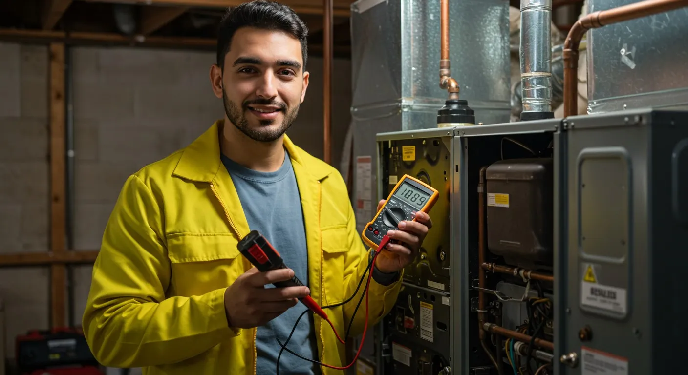 Technician holds meter by heating unit.