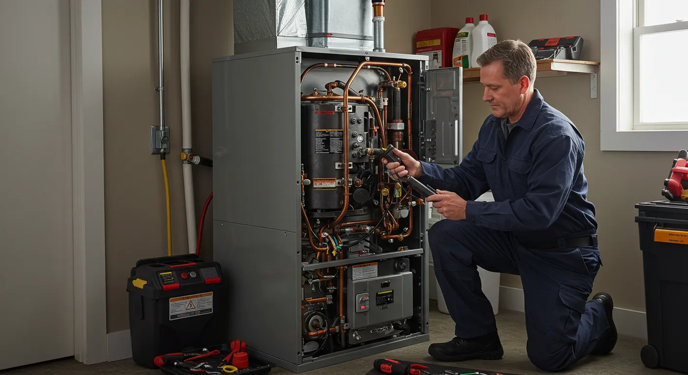 A technician in a blue long-sleeve shirt kneels, using a multimeter to test the electrical components of a furnace.
