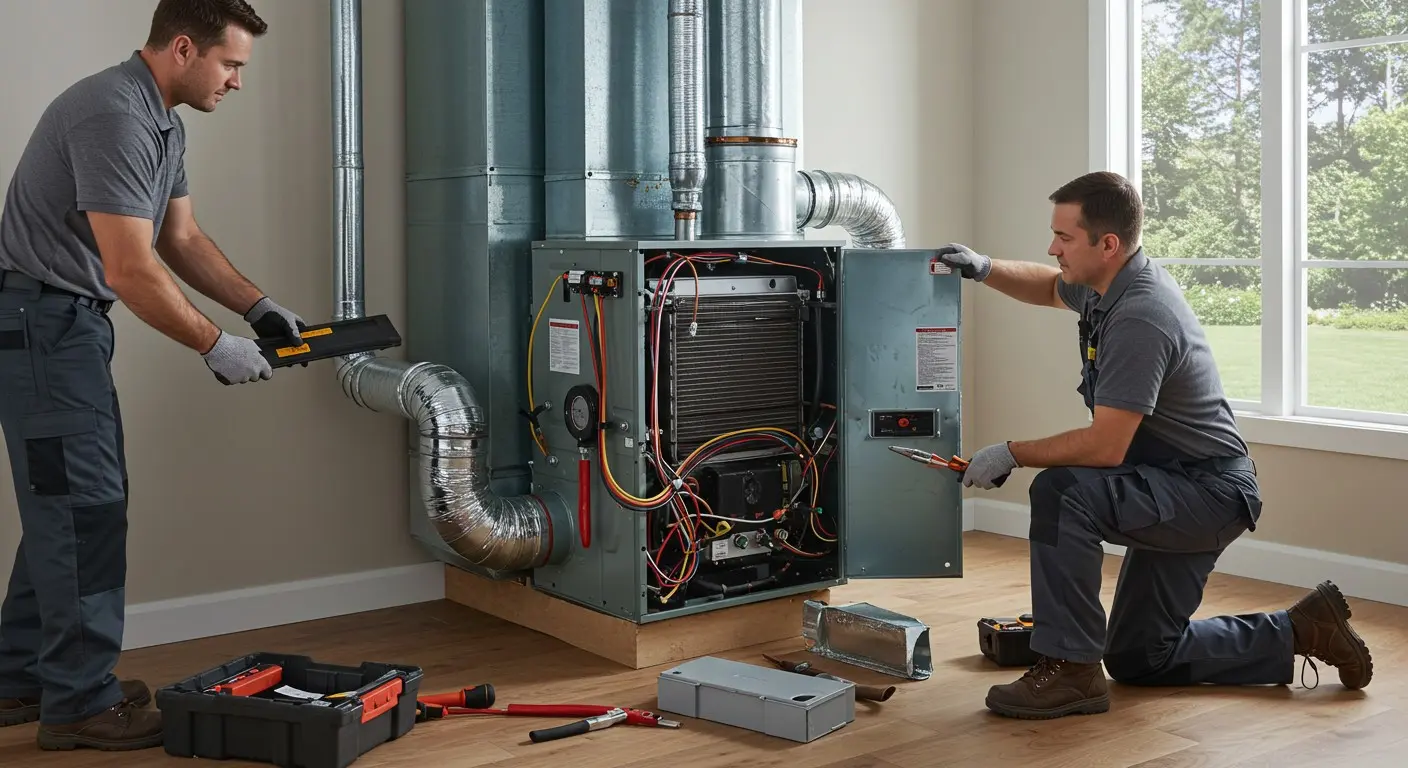 Two technicians servicing an indoor heating unit.