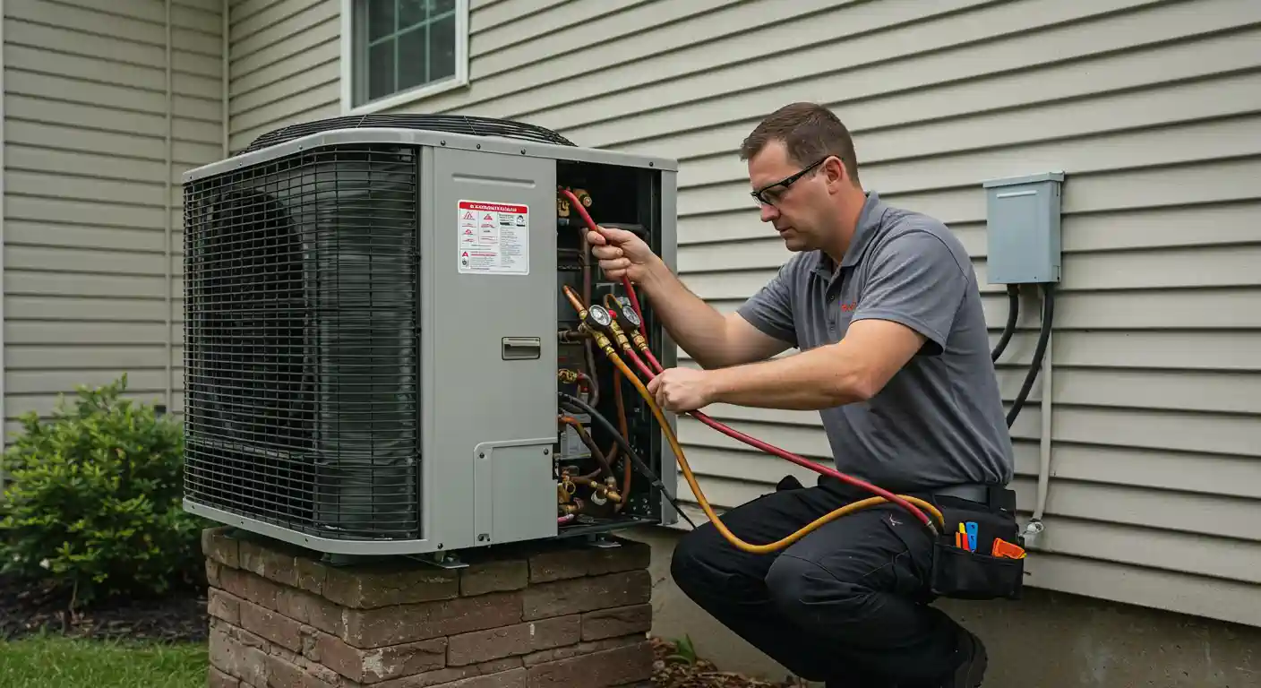 A focused outdoor image shows a male HVAC technician wearing a grey polo shirt, dark work pants, and safety glasses, squatting to service a large, grey outdoor air conditioning or heat pump condenser unit. He is connecting refrigerant gauge manifold hoses (red and yellow) to the unit's copper service ports. The unit rests on a small brick platform next to a tan-sided house. The unit's access panel is open, revealing internal copper piping and components. The technician appears to be performing a refrigerant check or heat pump replacement/repair service.