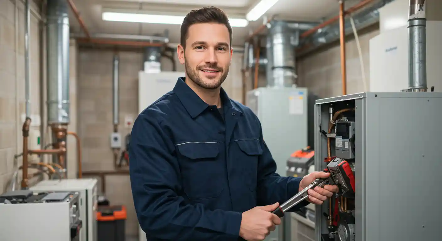 A smiling, handsome male HVAC technician in a navy blue uniform is standing in a utility room. He is holding a tool or probe to service the exposed interior of a gray furnace or boiler unit on the right. Various pipes, ductwork, and other heating units are visible in the background.