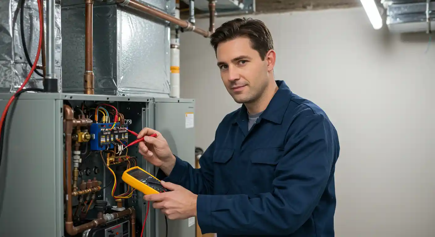 A handsome male HVAC technician in a navy blue uniform smiles at the camera while using a yellow multimeter to test the electrical connections on the control board inside a gray furnace or air handler unit. Galvanized ductwork and copper piping are visible above the unit.