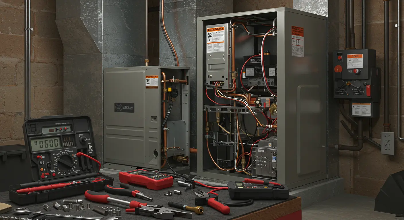 An eye-level shot of an HVAC maintenance setup in a utility room. On the right, a gray furnace or air handler unit is open, revealing complex internal components, wiring, and copper piping. A toolbox and a variety of red and black hand tools, including a digital multimeter reading "0.600", are laid out on a table in the foreground.