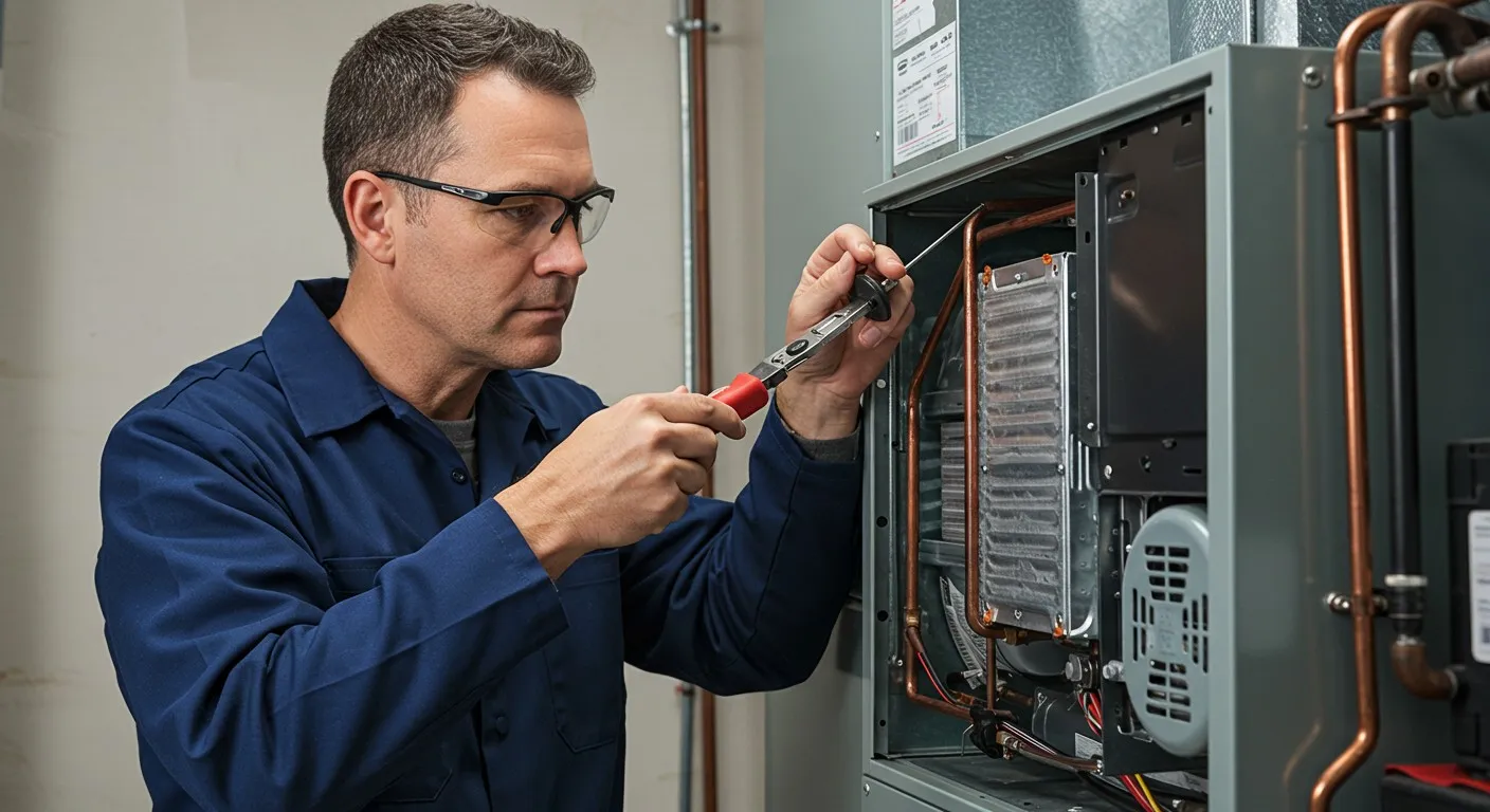 Technician diagnosing problem inside HVAC unit.