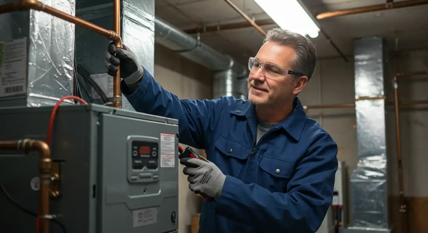 A smiling male HVAC technician in a blue work jumpsuit, safety glasses, and gray work gloves is checking a copper pipe connection on a gray furnace or air handler unit. He is holding a tool or gauge in his right hand. Ductwork and other piping are visible in the background of the utility room.