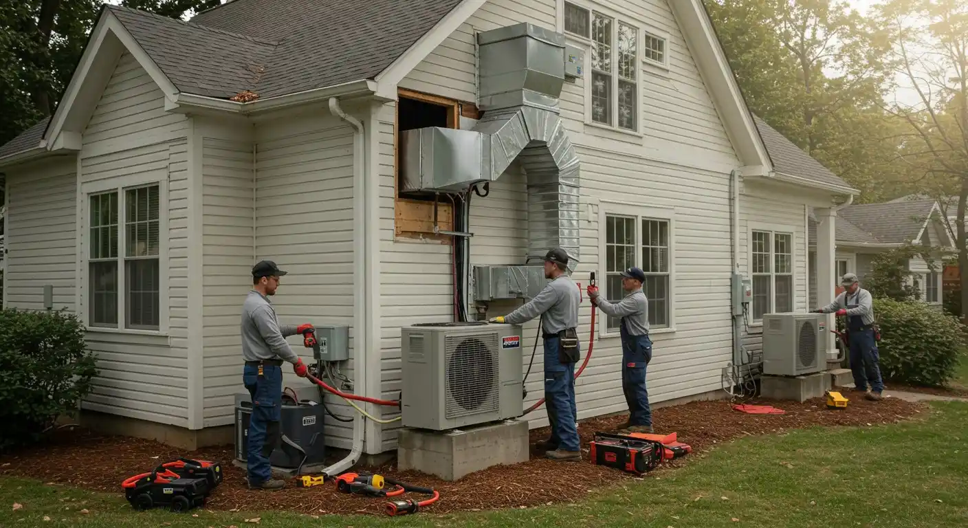 Installers setting up outdoor HVAC units.
