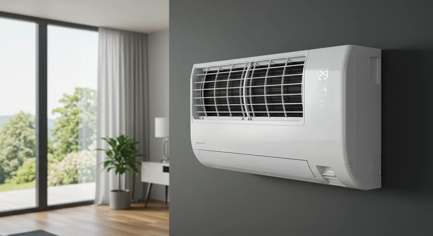 Mini split air conditioning unit mounted on a wall in a modern living space, showcasing energy-efficient cooling solutions for homeowners in Bloomington, MN.