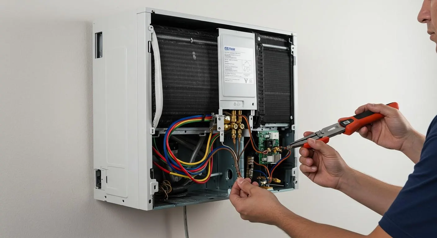  A close-up shot of an HVAC technician using a pair of pliers to work on the exposed wiring and circuit board inside a disassembled, wall-mounted ductless mini-split indoor unit. The unit's internal heat exchanger coil and multicolored electrical cables are clearly visible against a white wall.