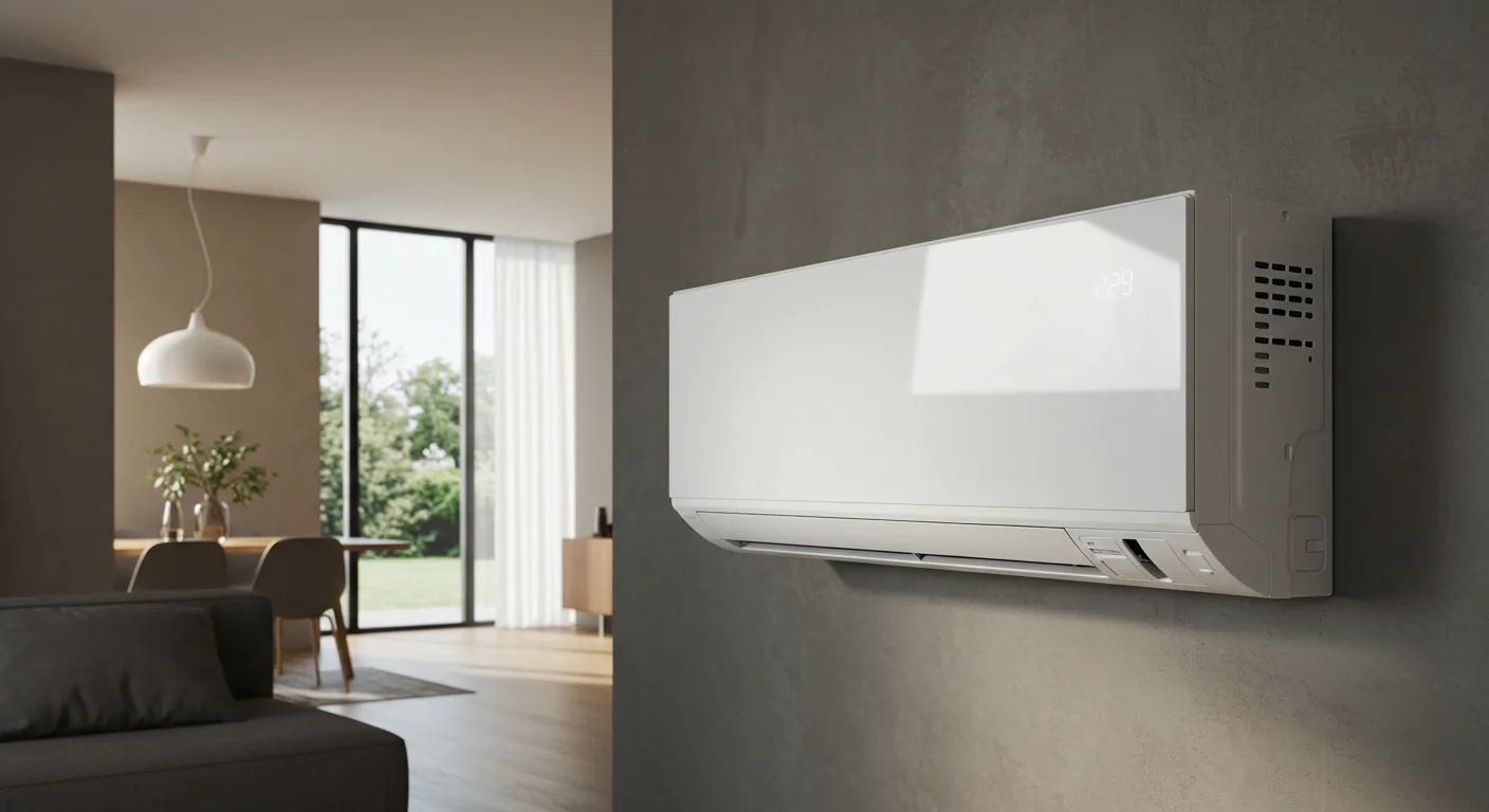 A sleek, white ductless mini-split air conditioner indoor unit is mounted on a textured, dark gray wall. The unit is operational, displaying a temperature, and is positioned in the foreground. In the soft-focus background, a modern living space with a sofa, dining area, and large windows looking out onto a green yard is visible.