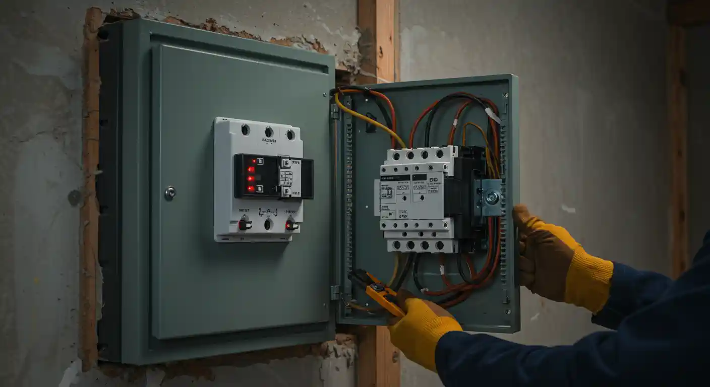 A wide shot showing an electrician in yellow gloves holding a large cable cutter and a digital multimeter next to an open, gray electrical panel. Inside the panel, a three-phase circuit breaker is mounted on a DIN rail with heavy-gauge wiring looped around it.