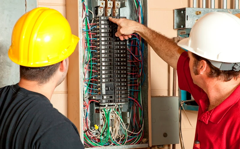 Electricians inspecting residential circuit breaker panel.