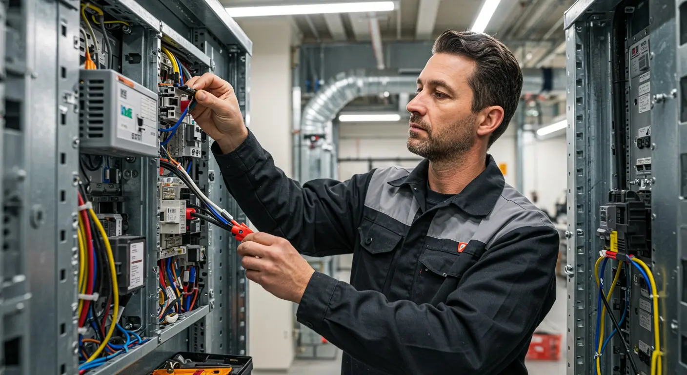 A male technician in black and gray work clothes works on the wiring and components inside an open industrial control cabinet.