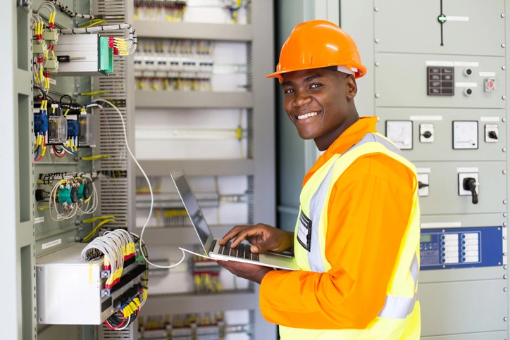  technician with laptop at control panel.