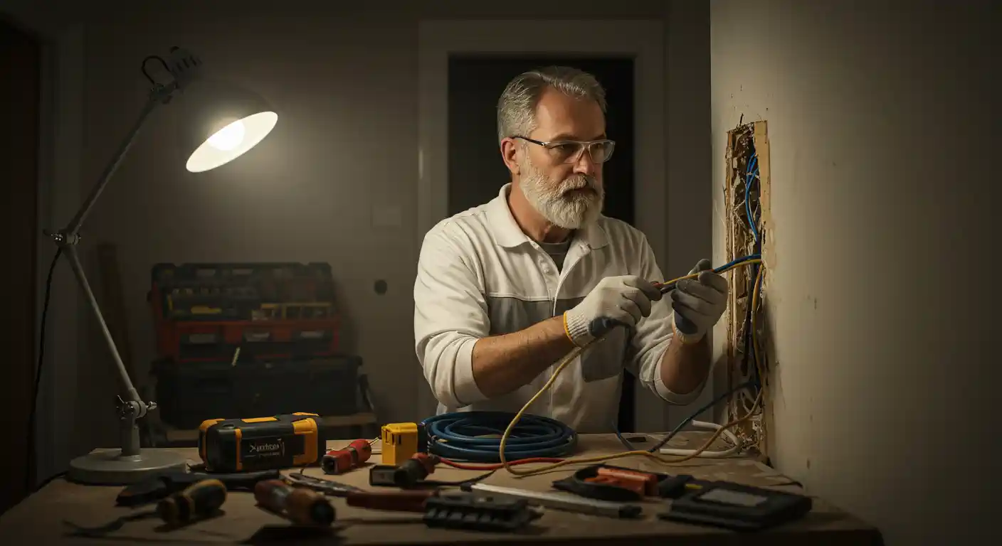 A bearded, mature electrician in a white polo shirt and work gloves is focused on connecting electrical wires exposed in a wall opening. He is working at night under the bright light of an adjustable desk lamp. Various tools and coils of blue and yellow wire are spread across the workbench in the foreground.