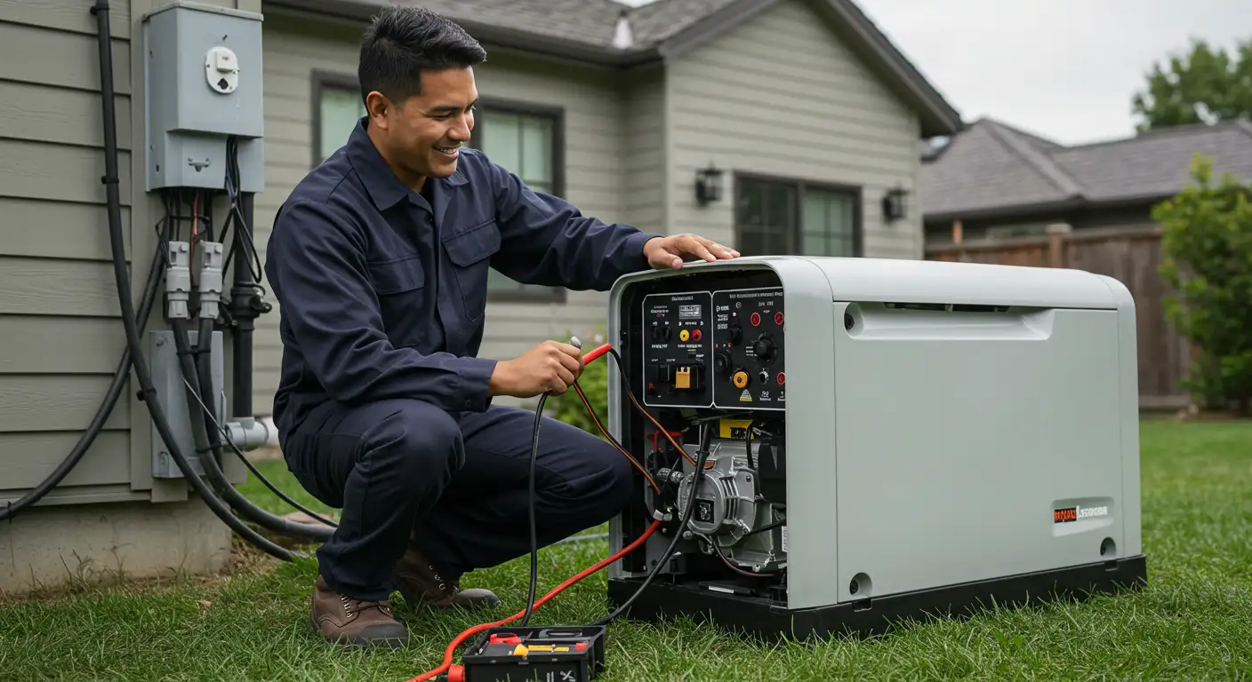 Technician in a dark jumpsuit connecting jumper cables to a large, gray outdoor standby generator next to a house's electric meter.