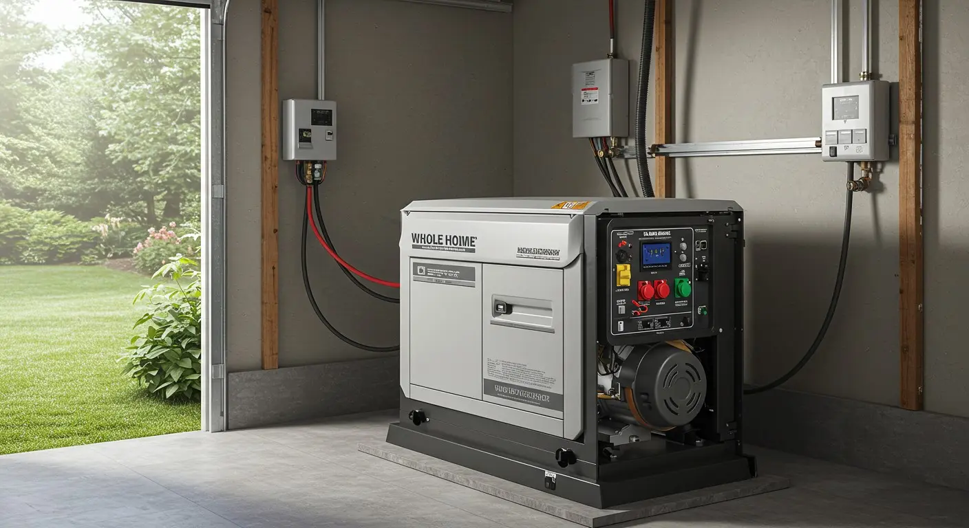 A "Whole Home" standby generator is installed in a garage or utility room, connected to electrical and gas lines, with an open door showing a sunny yard.