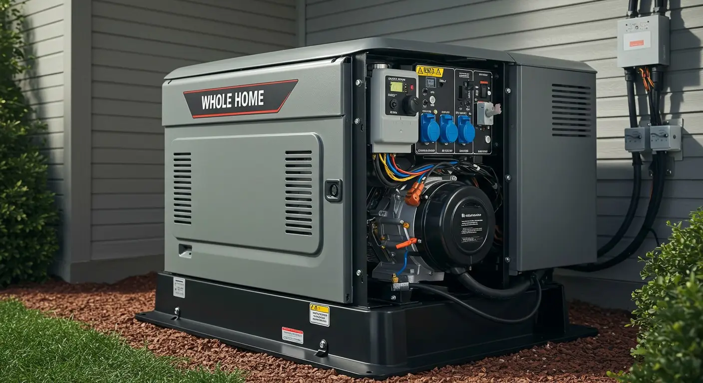 A gray "Whole Home" standby generator with its side panel open is installed on a gravel bed next to a house with gray siding.