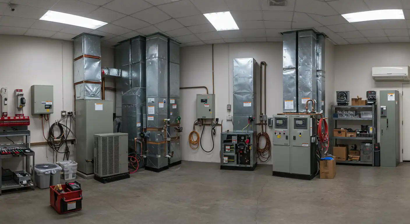  A panoramic image of an indoor HVAC training or repair facility shows several full-size heating, ventilation, and air conditioning units and components. Large square metal ducts extend from the floor to the ceiling. Various control panels, wiring, gauges, and tools are organized around the equipment in a brightly lit room with a concrete floor.